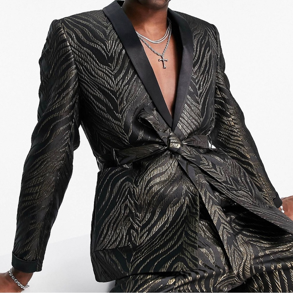 ASOS Design Relaxed Suit Jacket in Black and Gold Jacquard Leaf Pattern